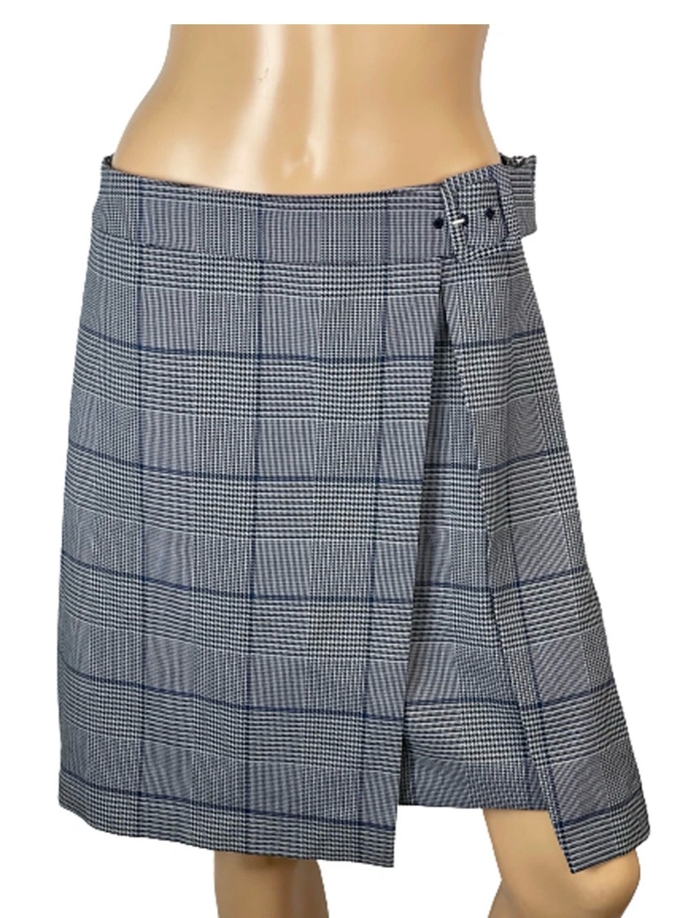 Club Monaco Gray Plaid Midi Wrap Skirt with Navy Windowpane